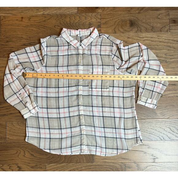 Sheer Plaid Button Up Shirt Long Sleeve‎ Top with Pocket Casual - Picture 5 of 6